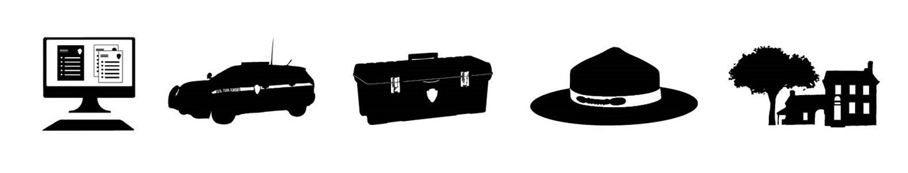 Five pictograms in a row from left to right: a computer, a ranger patrol vehicle, a toolbox, a flat hat, and a house with a tree