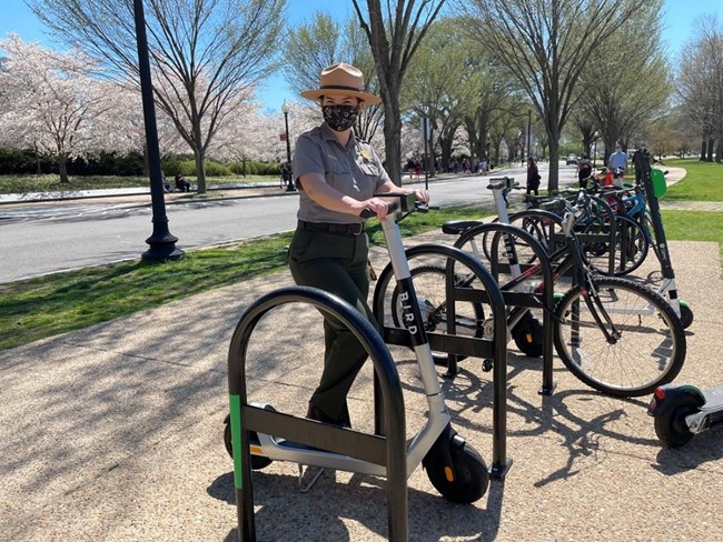 A Park Ranger stands at a dockless electric scooter parking area