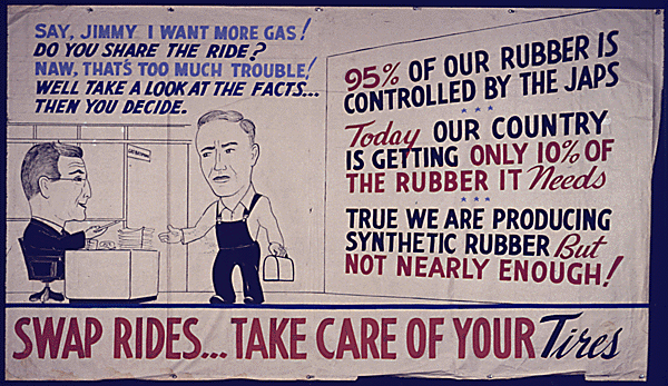 Printed in red, blue, and black. A white male worker in overalls speaks to a white male man behind a desk. The worker asks for more gas. The boss details the low supply of rubber. Text on the bottom: “Swap Rides. Take Care of Your Tires.”