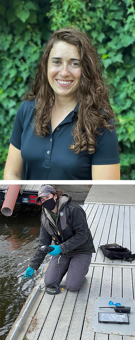 Collage of Elizabeth Raynal's face and of her collecting water quality data.