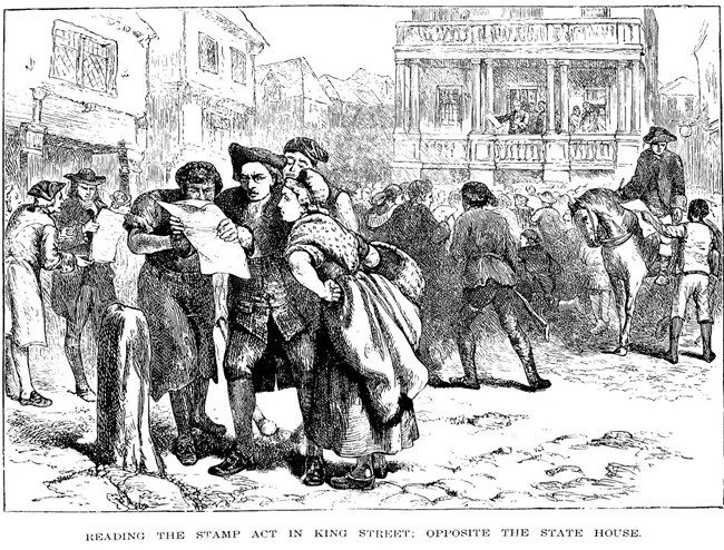 Colonists reading the Stamp Act on the streets of Boston