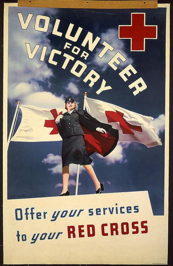 Red Cross Recruitment Poster. Library of Congress Poster of white woman in blue uniform in front of red cross flags with text "Volunteer for Victory" and "Offer your services to your Red Cross"