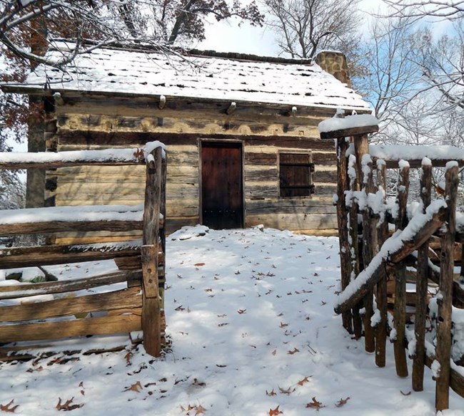 Replica log cabin A small log cabin surrounded by tall trees and wood fences all covered in snow.
