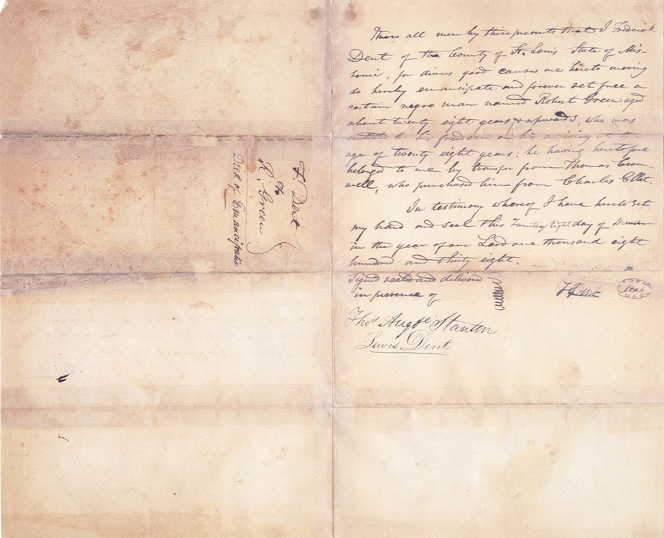 Manumission paper signed by Col. Frederick F. Dent freeing Robert Green in 1838.