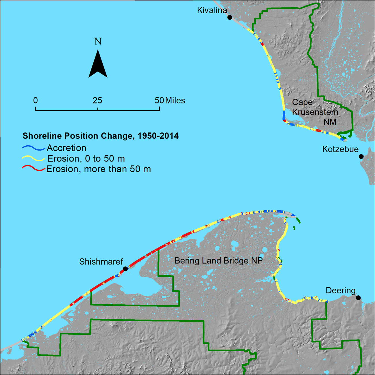 The shoreline has moved inland due to erosion over most of Bering Land Bridge National Preserve and Cape Krusenstern National Monument. In some areas the shoreline moved more inland than 50 m (164 ft) between 1950 and 2014.