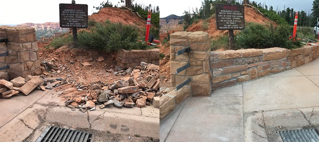 Two side by side photos showing a collapsed stone wall and a rebuilt stone wall below a sign warning of dangerous cliffs at a viewpoint