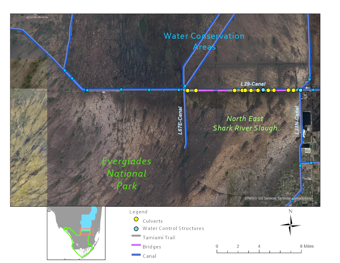 A map showing the location of bridges and culverts along Tamiami Trail.