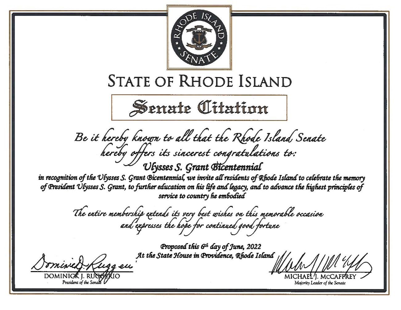 Message from Rhode Island honoring the 200th anniversary of Ulysses S Grant's birthday. Seal of Rhode Island is centered at the top of the page.
