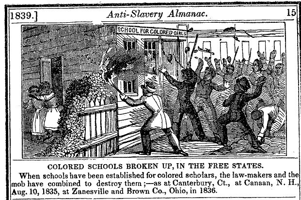 Sketch of individuals throwing fire and rocks at a "School for Colored Girls."