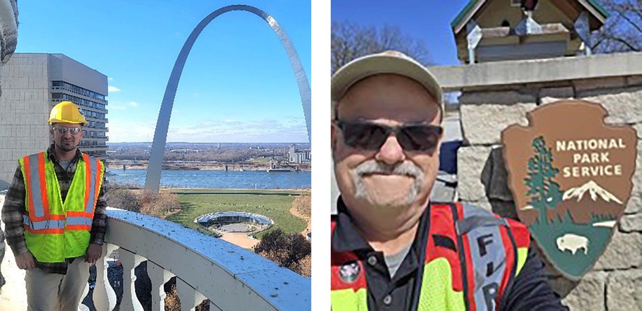Left: man in safety vest, glasses, and yellow hard hat in front of building, grass, water, and blue sky; right: headshot of man in safety vest and sunglasses in front of stone building with NPS arrowhead