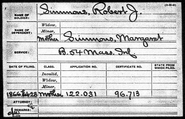 A pension request submitted by Robert John Simmons' mother, Margaret. Robert John Simmons Pension Request for the Civil War submitted by his mother, Margaret.