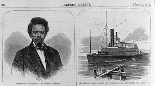 Side by side newspaper images of Robert Smalls on left and the CSS Planter on right