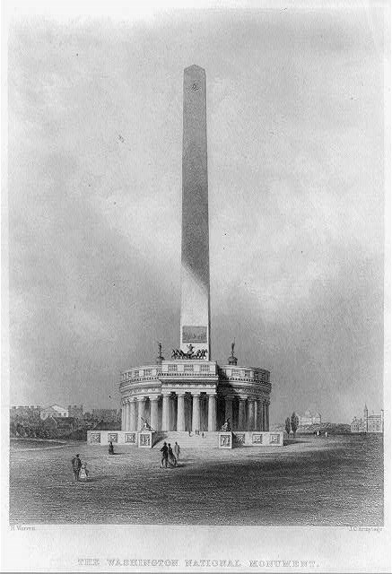 WashingtonMonumentRobertMillsDesign1845 Print shows architect Robert Mills's original design for the Washington Monument with colonnade at the base; shows sightseers on the grounds and an artist seated at center of the foreground, sketching the monument.