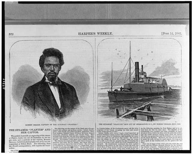 left image black man in formal dress, right image of steamship