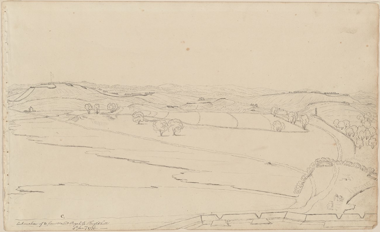 "C, Continuation of B, from Mount Pisgah to Plough's hill. 4th Janry 1776" Pencil sketch of landscape with fortifications on two hills and meadows in foreground
