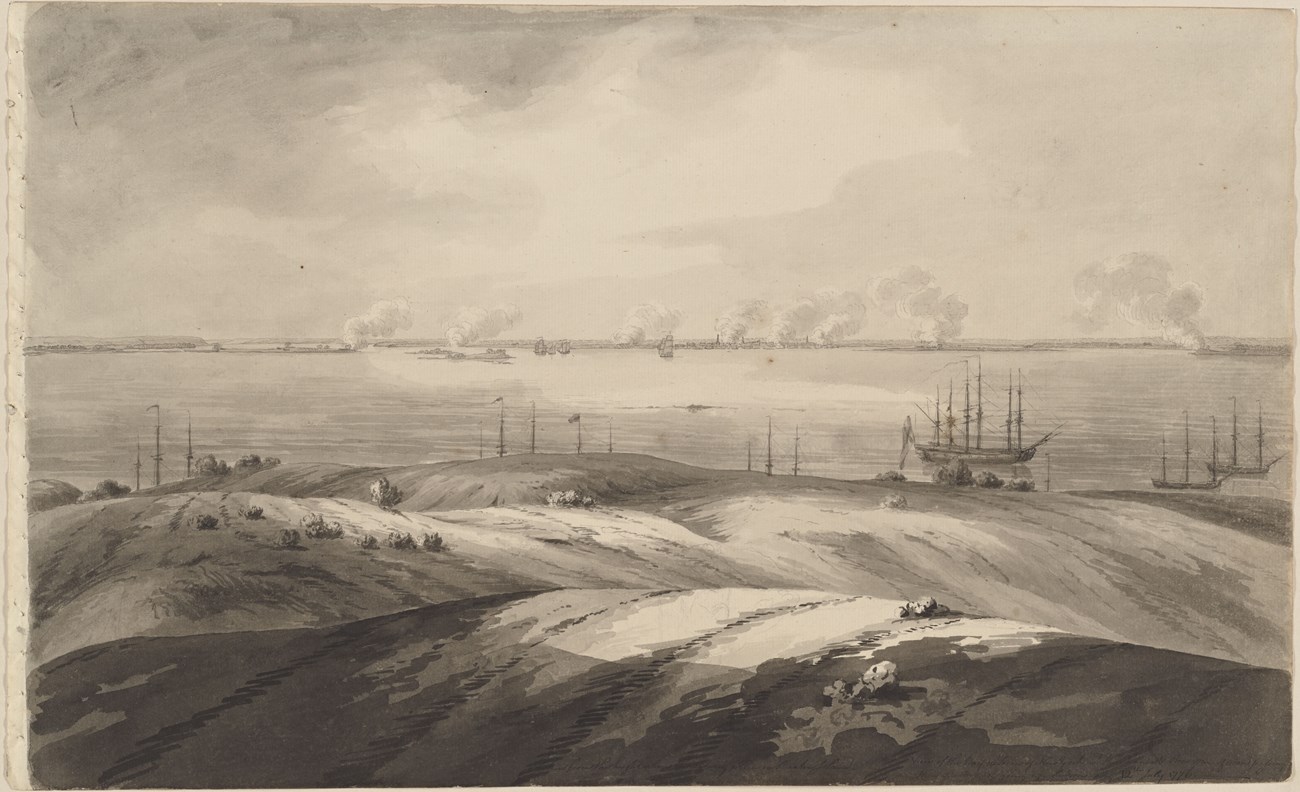 View of the bay & town of New York with the Phoenix & Rose men of war passing their battery & going up Hudson's River. 12th July 1776 Watercolor sketch of New York harbor with at least 10 British ships visible and smoke rising from eight points on the far horizon.
