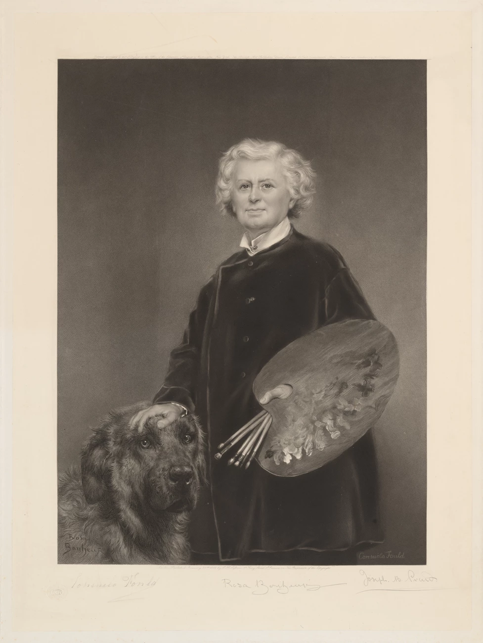 Rosa Bonheur Black-and-white mezzotint portrait of Rosa Bonheur, shown seated in three-quarter view. She wears a dark dress with a high collar and a brooch at her neck. Her expression is calm and dignified, with her hair parted in the center and softly curled.