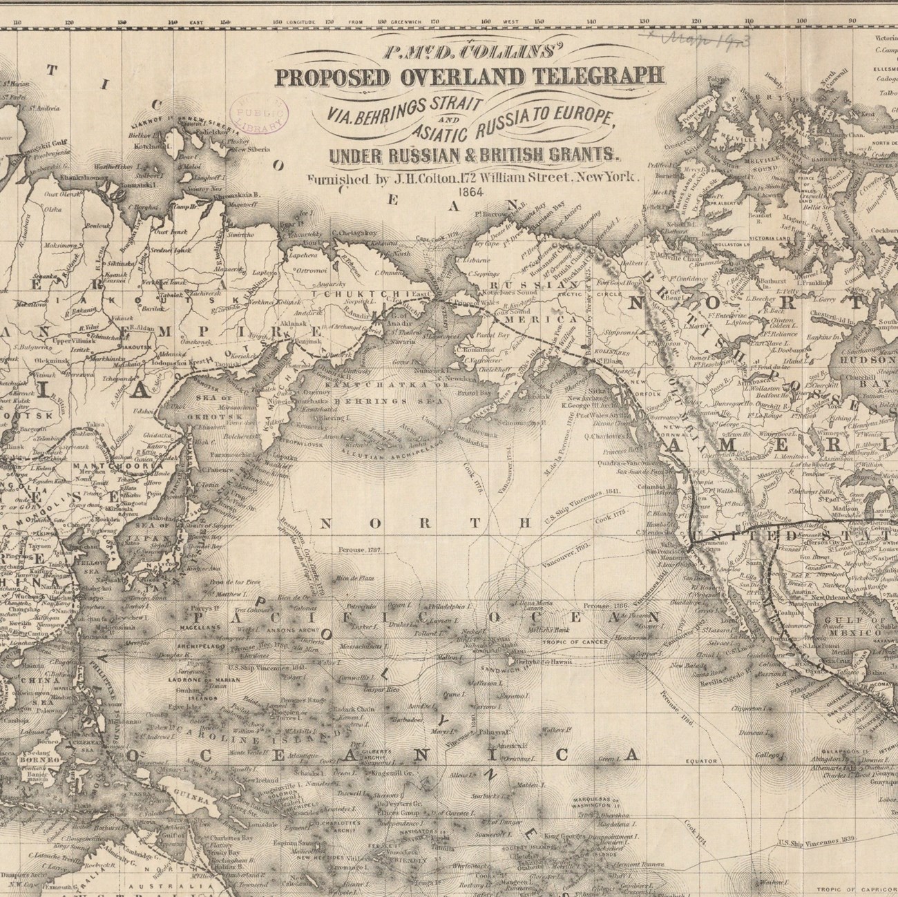 Russian-American Telegraph Map Map of proposed overland telegraph via the Bering Strait and Asiatic Russia to Europe.