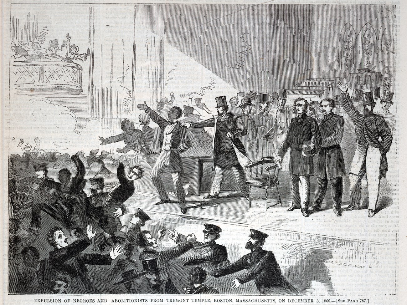 Harper's Weekly "Expulsion of Negros and Abolitionists from Tremont Temple" black and white print, illustrating the mob at Tremont Temple