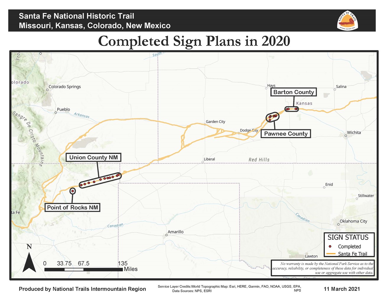 A map showing trail routes from eastern Kansas to Santa Fe New Mexico. Red Dots indicate that signs her places at Point of Rocks, Union County in New Mexico and Barton and Pawnee County in Kansas.