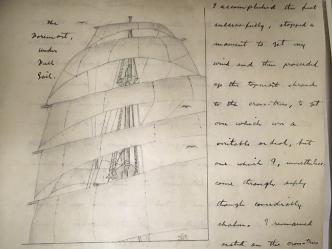 close-up of a logbook with illustrations of a ship's sails and neat cursive handwriting surrounding