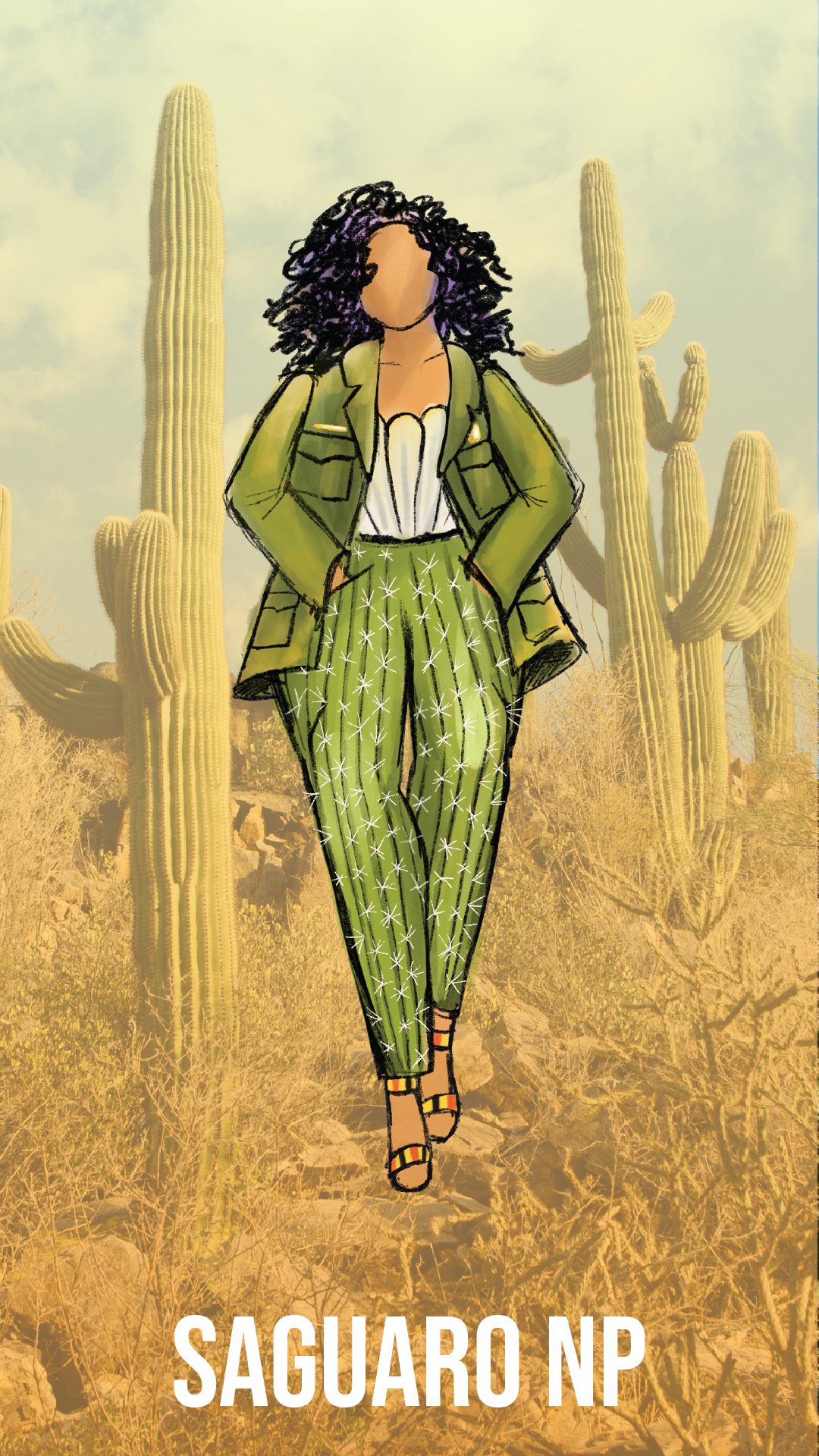 A fashion sketch with a female model wearing cacti-inspired pants and a green jacket against a faded desert scene