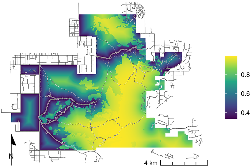 Collared peccary ccurrence probability map Figure 1. Map showing collared peccaries were more likely to use areas in the southeastern portion of the park. See text for detailed map data.