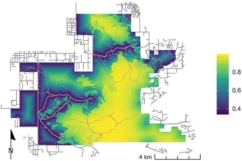 Collared peccary ccurrence probability map Figure 1. Map showing collared peccaries were more likely to use areas in the southeastern portion of the park. See text for detailed map data.