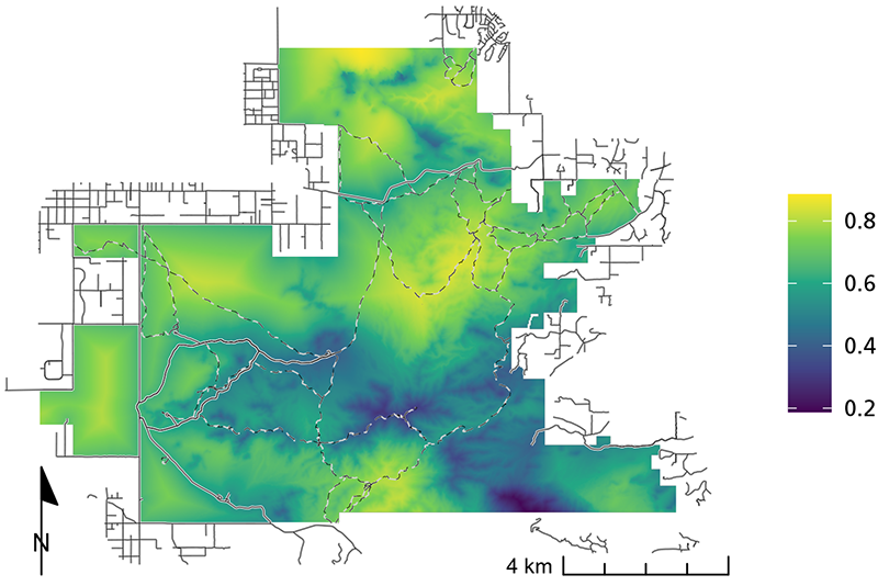 Mule deer occurrence probability map Figure 2. Map showing mule deer are less likely to use areas in th southeatern portion of the park.