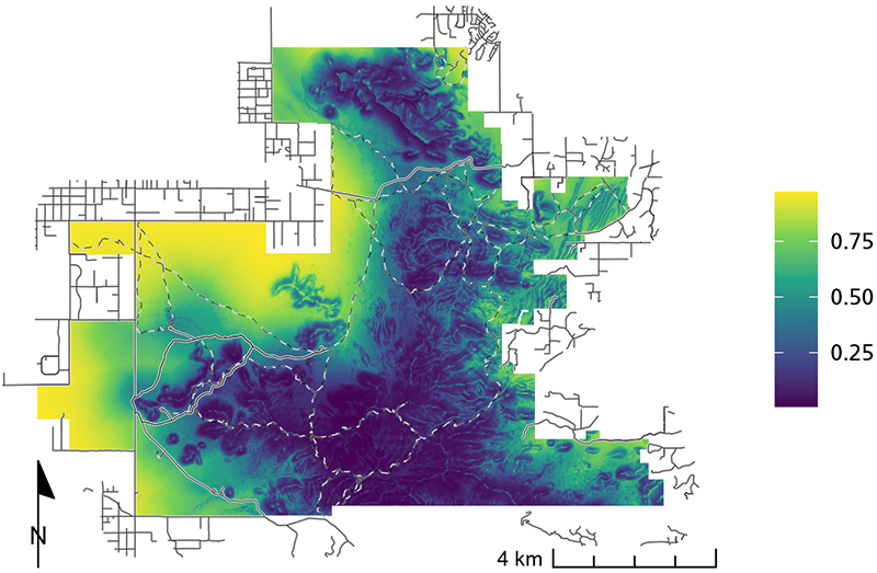 Black-tailed jackrabbit occurrence probability map Figure 3. Map showing black-tailed jackrabbit were most likely to use areas along the western borders of the park.