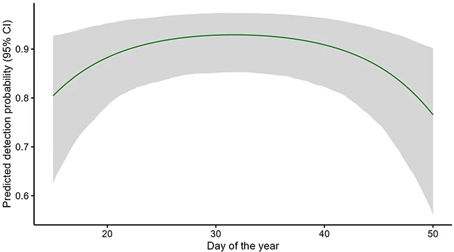 Black-tailed jackrabbit detection probability by day of the year Figure 4. Slight curve showing detection probability of black-tailed jackrabbit peaking near day 30 of the year, roughly the midpoint of the camera deployments.