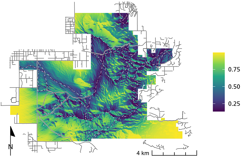 Common gray fox occurrence probability map Figure 6. Map showing common gray fox were most likely to use areas in the far western and southeastern portions of the park. See the text for more details.