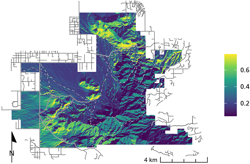 Bobcat occurrence probability map Figure 7. Map showing bobcats were most likely to use south-facing slopes in the northern and southwestern areas of the park. See text for more details.