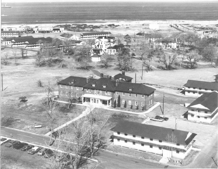 a historic Fort Hancock Building from above