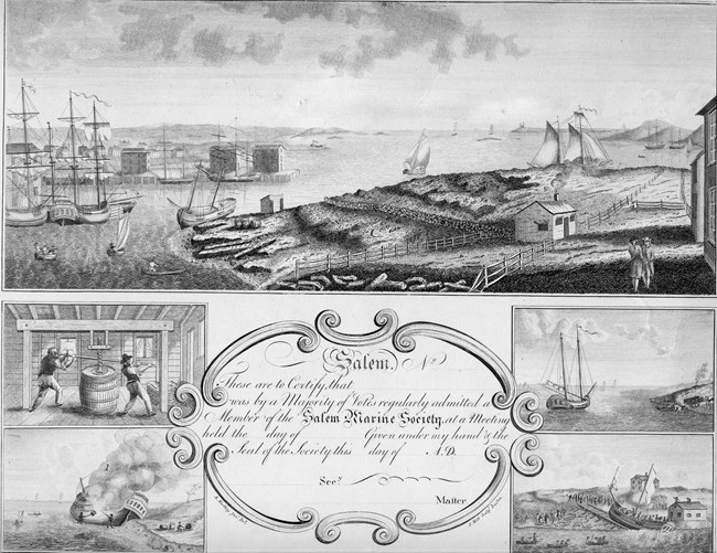Salem Marine Society Certificate Black and white Salem Marine Society Certificate with images of Salem Harbor.