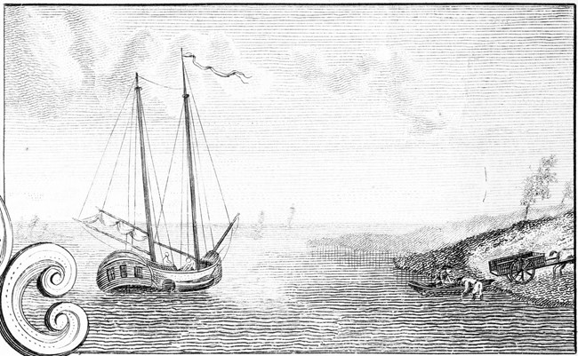 Cargo is transferred from ship onto shore Small ship waits as cargo is unloaded from a rowboat onto shore.