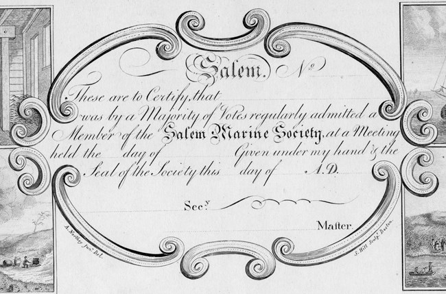 Name of member and date of acceptance Text stating the date and name of the member of the Salem Marine Society.