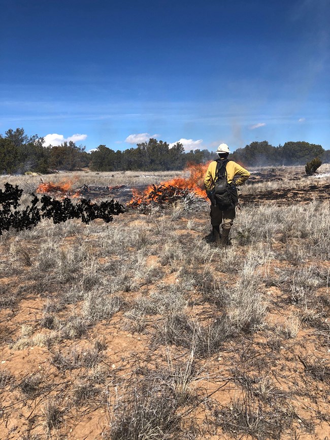 A firefighter monitors a burn pile