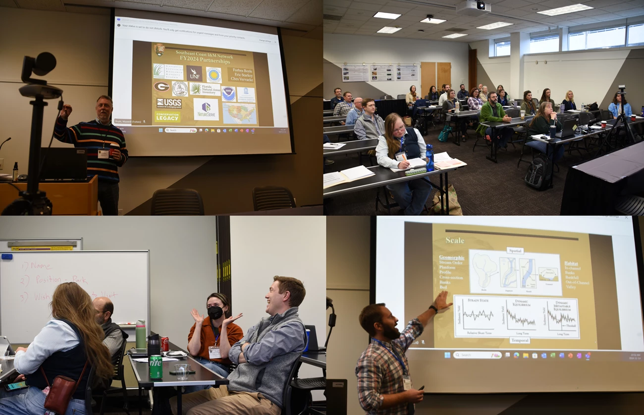 SECN Steering Committee Meeting FY2025 Random shots of meeting with people sitting at desks and pointing to screen.