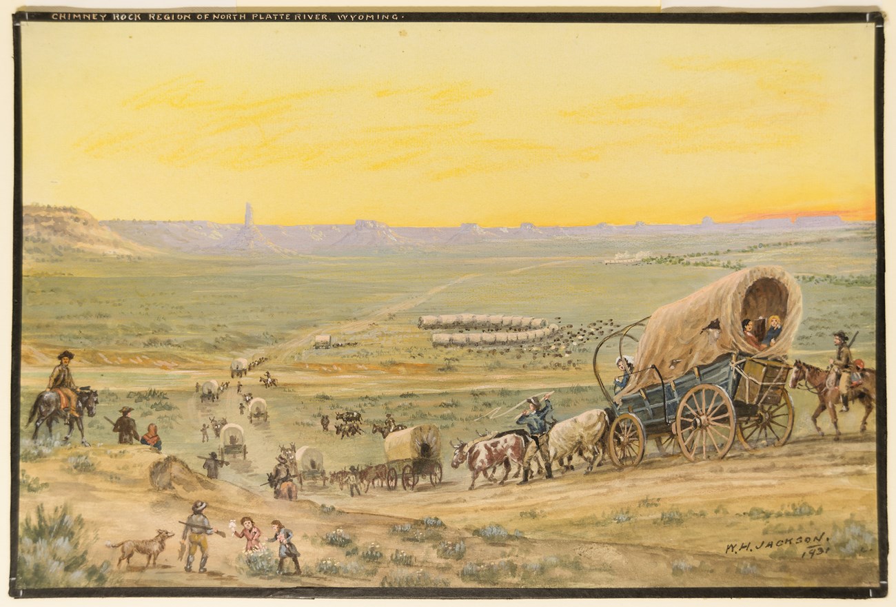 Approaching Chimney Rock A watercolor painting of a wagon train approaching a distinctive sandstone spire.
