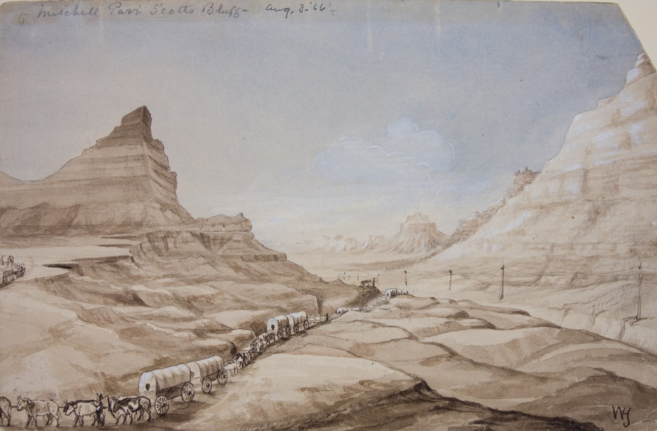 A watercolor painting depicts oxen-drawn wagons moving through a pass between two sandstone bluffs.