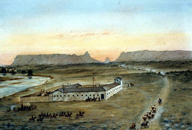 Fort Mitchell A watercolor painting depicts a stockade military post with sandstone bluffs in the background.
