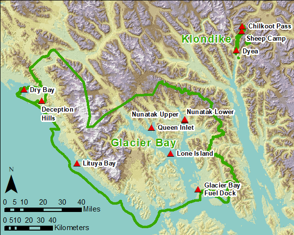 A map of roughly 200 square miles showing Glacier Bay and Klondike NP sites' weather stations