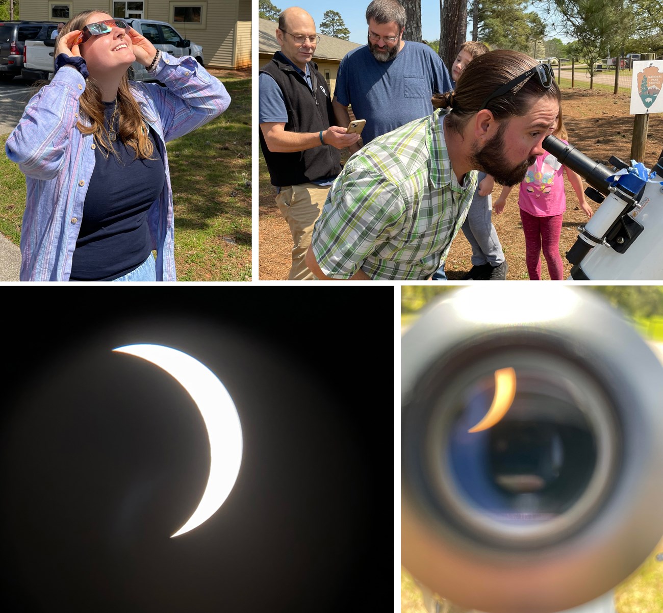 Solar eclipse 2024 at SECN woman wearing eclipse glasses, man looking in a telescope, the eclipse and the eclipse through a viewfinder