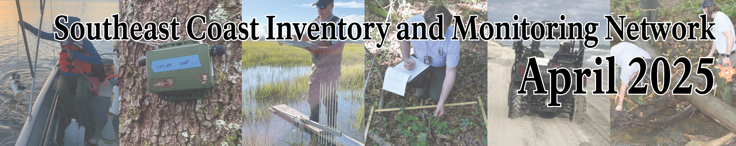 Collage of fieldwork photos behind the words Southeast Coast Inventory and Monitoring Network April 2025