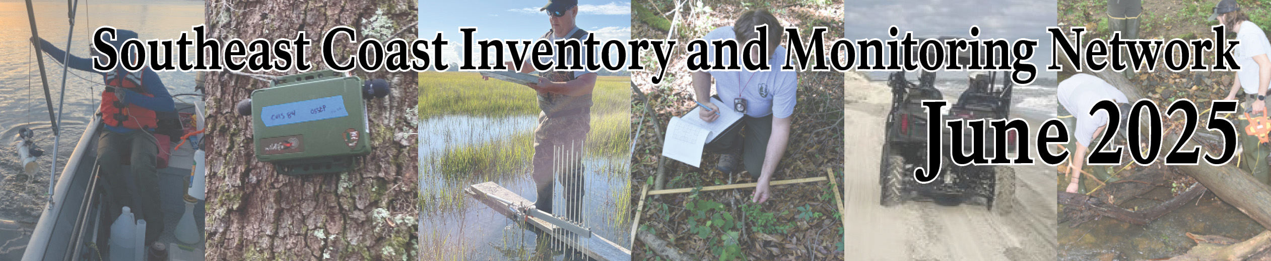 Collage of fieldwork photos behind the words Southeast Coast Inventory and Monitoring Network June 2025