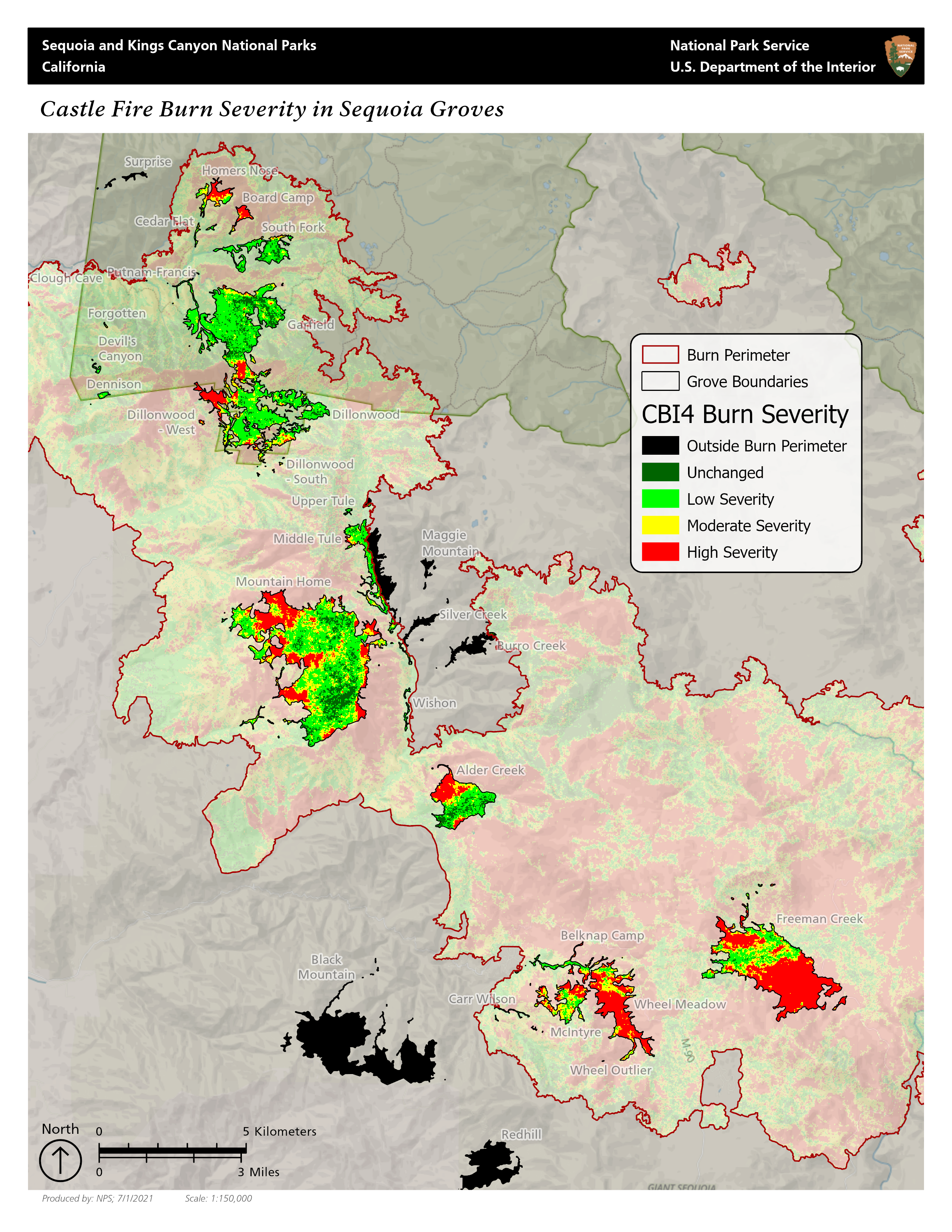 Burn severity map for sequoia groves in the Castle Fire Map showing Castle Fire outline and estimated burn severity for sequoia groves within the burn.
