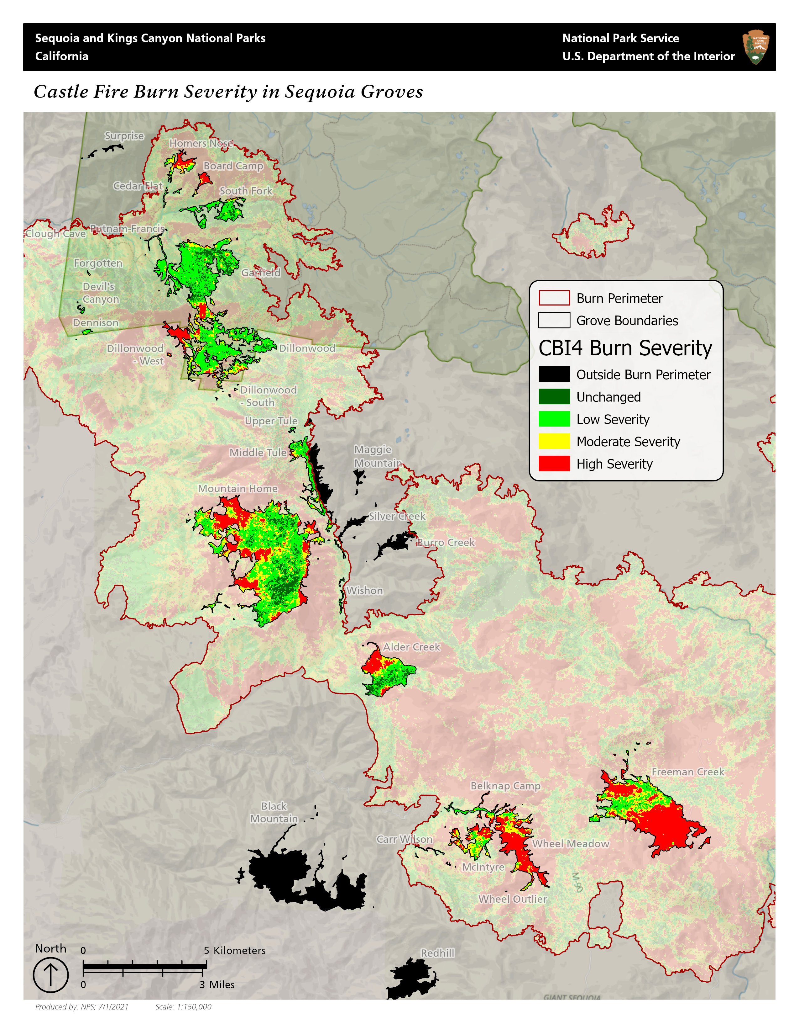 Map showing Castle Fire outline and estimated burn severity for sequoia groves within the burn.