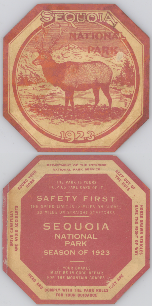 Front and back of 1923 Sequoia windshield sticker