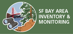 Logo text reads &quot;SF Bay Area Inventory & Monitoring.&quot; Circular illustration of a scene combining distinctive rock formations, a redwood tree, and the Golden Gate Bridge over the SF Bay, each outlined in white. Illustrated binoculars overlap the